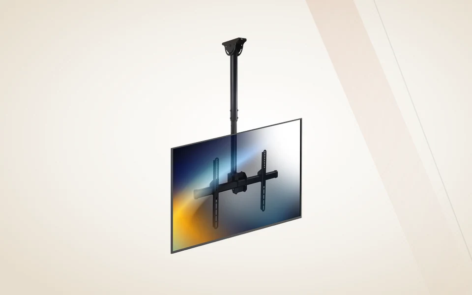 Full-motion ceiling TV mount holding a television